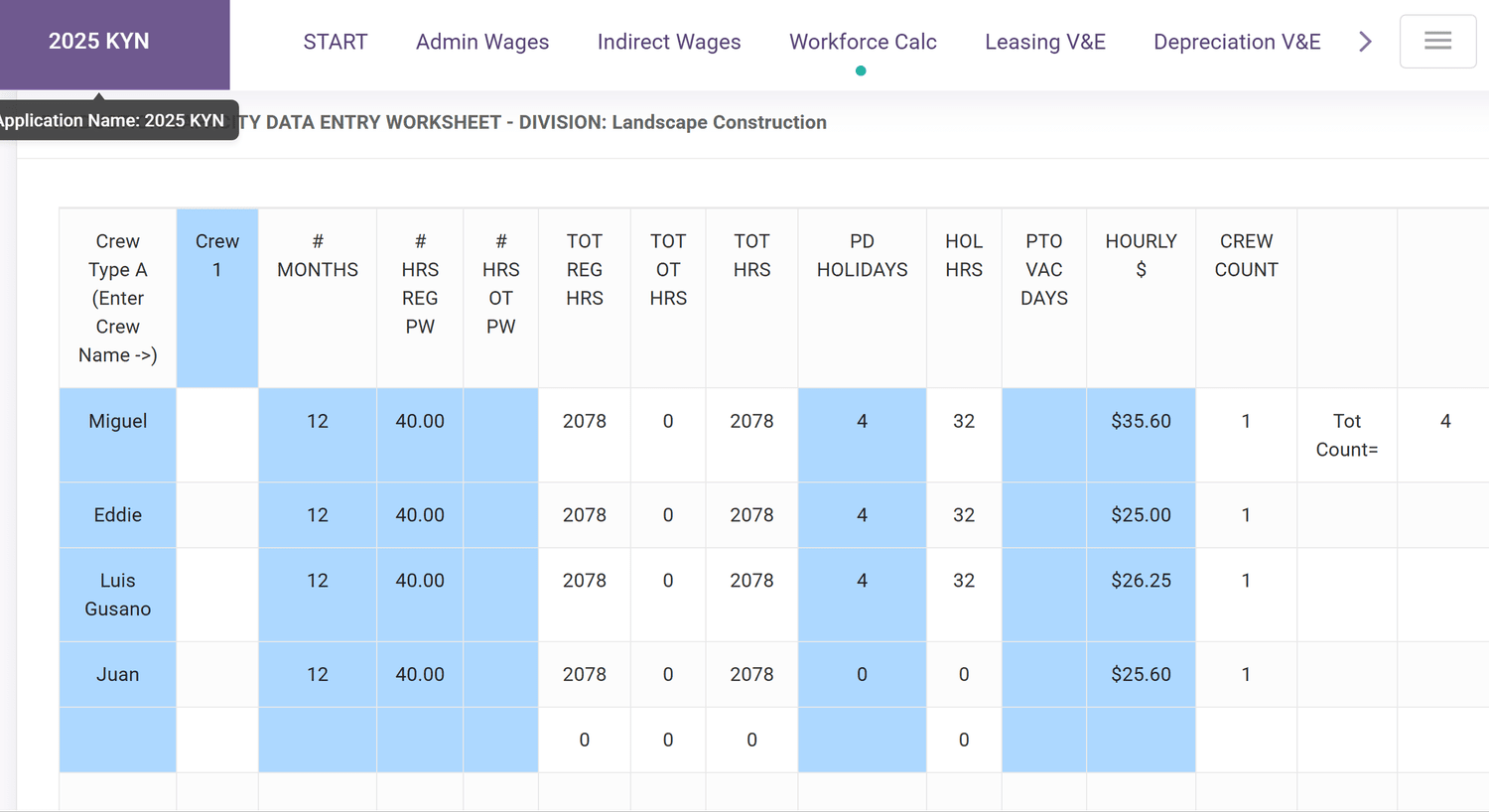 A spreadsheet on a computer screen titled '2025 KYN' displaying data related to landscape construction workers, including names, months, hours, wages, and other employment details.